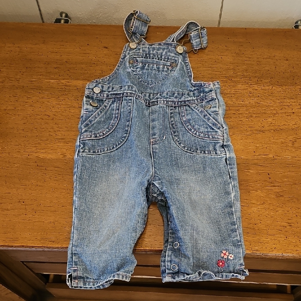 Baby Girl Old Navy Blue Denim Overalls with Floral Accent